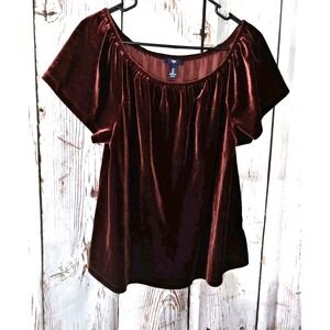 Women's‎ Y2K Gap Burgundy Short Sleeve Crushed Velvet Off The Shoulder Flowy Top